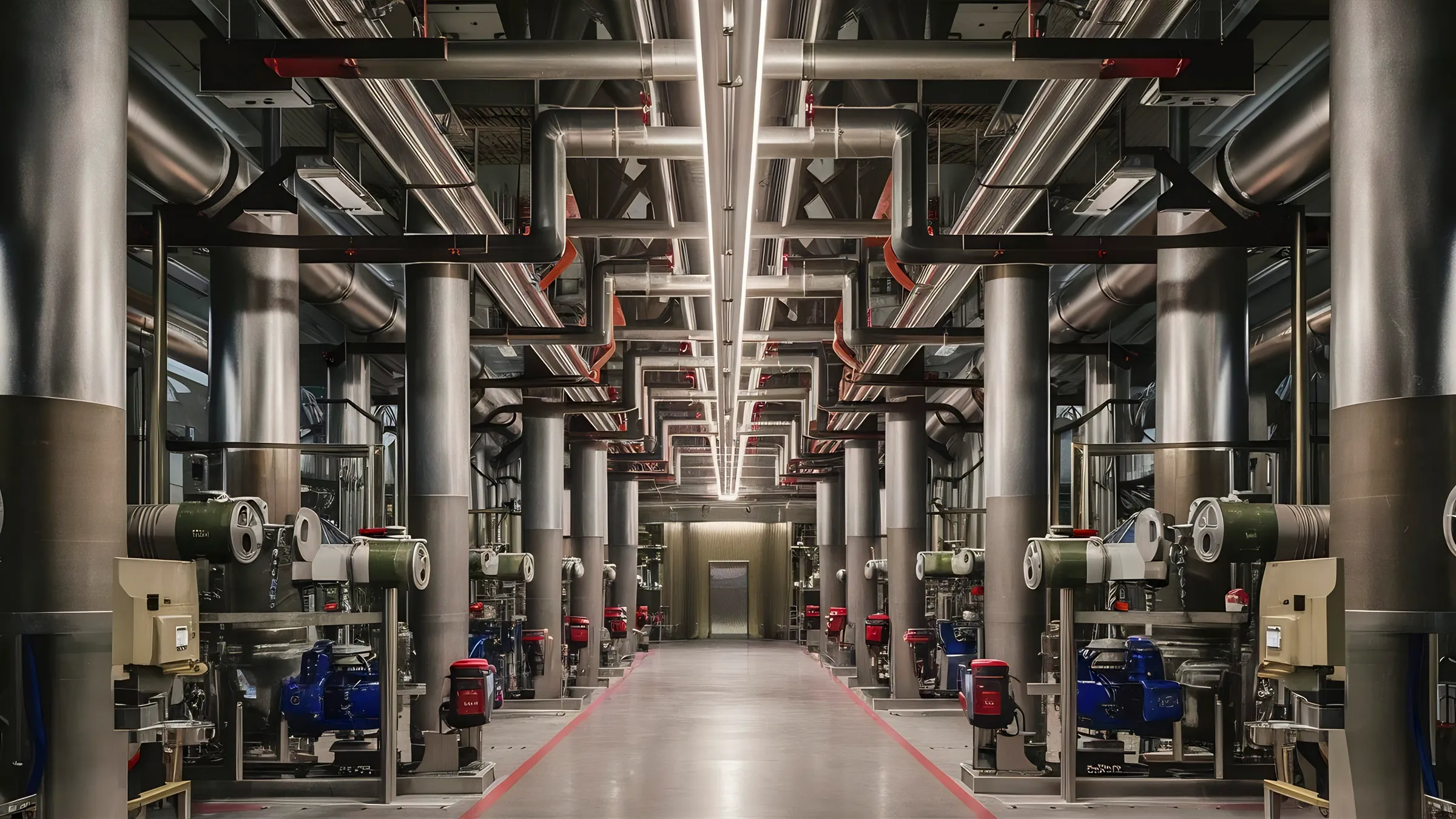 Plant room with large-bore ductwork, pipework and pumps